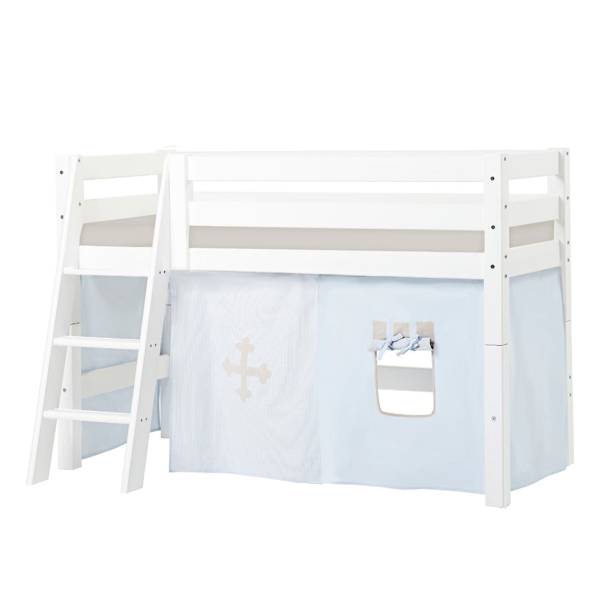 BUNDLE ECO Luxury Halbhochbett 70x160 cm mit schräger Leiter mit FAIRYTALE KNIGHT-Vorhang und Kaltschaum-Matratze