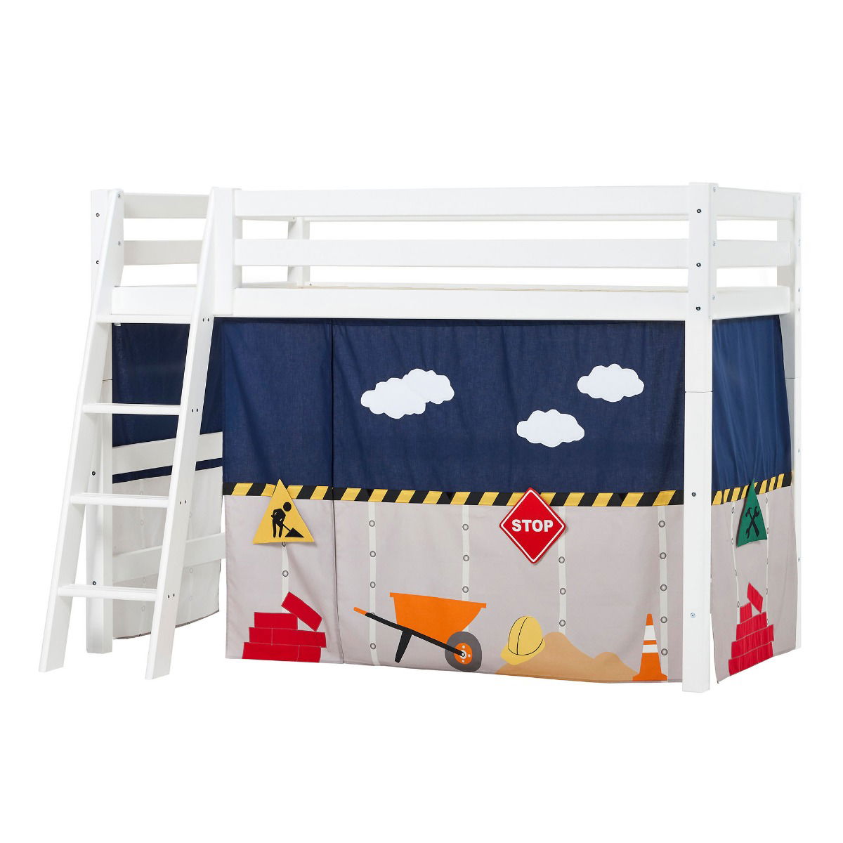 BUNDLE ECO Luxury Mittel-Hochbett 90x200 cm mit schräger Leiter und CONSTRUCTION-Vorhang