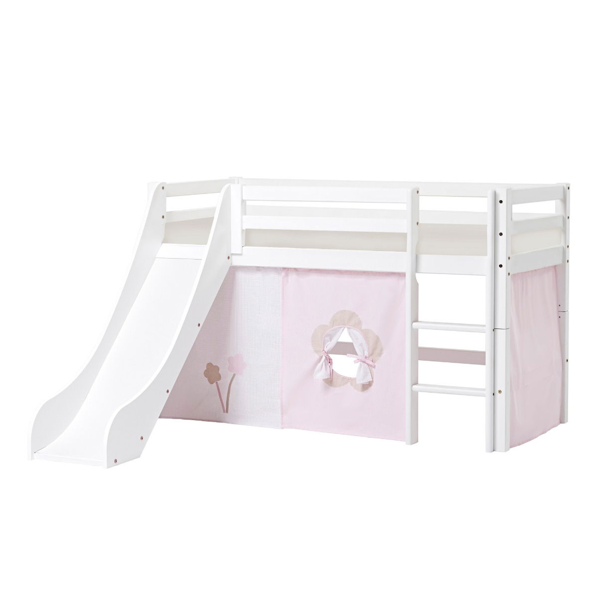 BUNDLE ECO Dream Halbhochbett 70x160 cm mit Rutsche mit FAIRYTALE FLOWER Vorhang und Schaummatratze