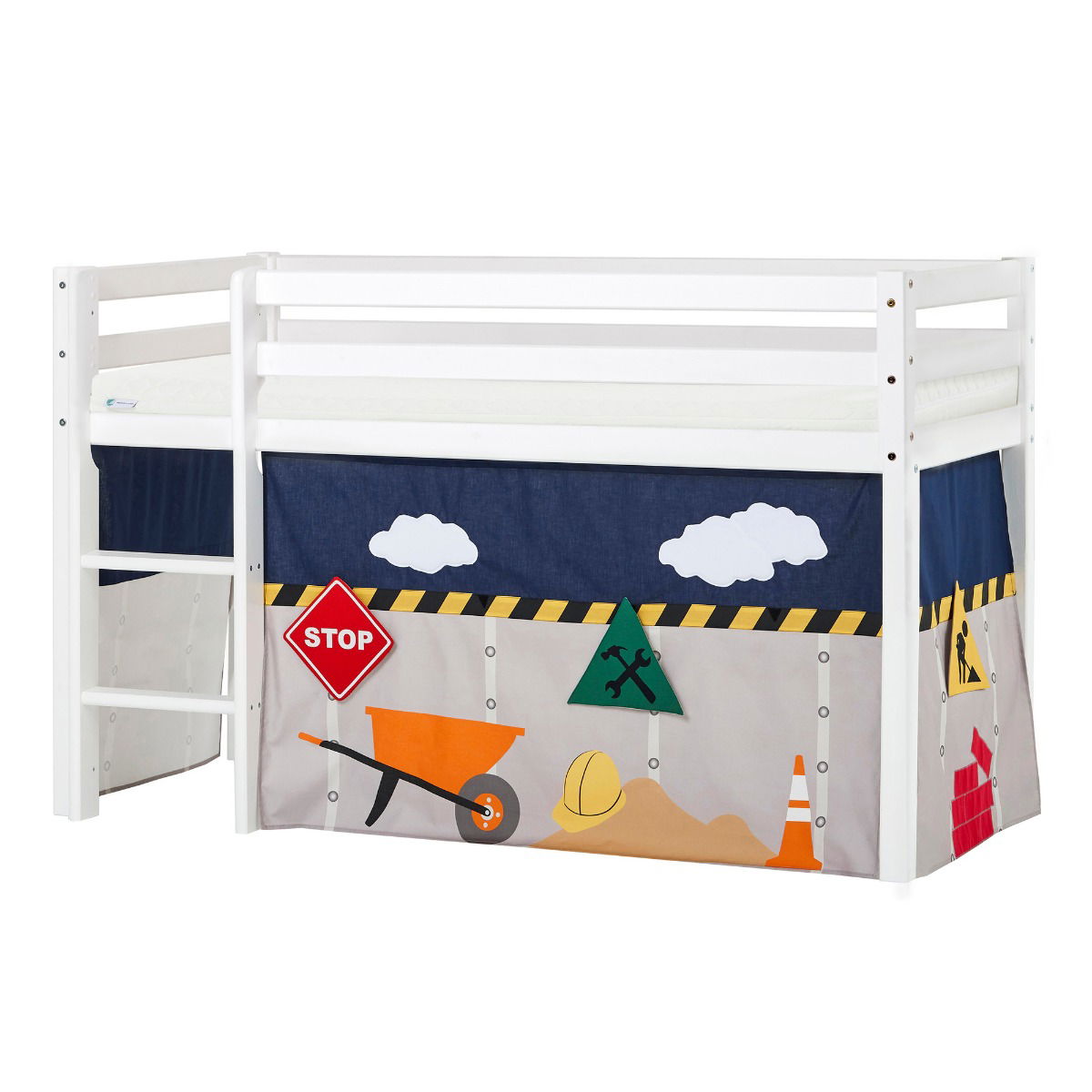 BUNDLE ECO Dream Halbhochbett 70x160 cm (nicht teilbar) mit CONSTRUCTION Vorhang und ECO Dream-Matratze