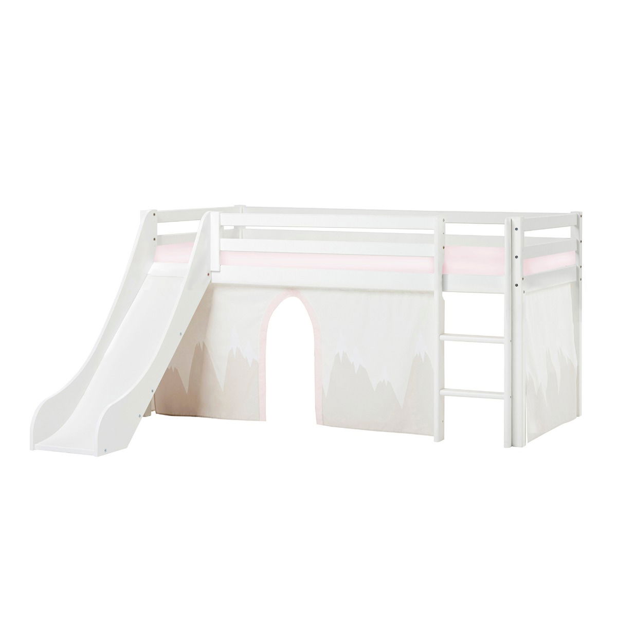 BUNDLE ECO Dream Halbhochbett 90x200 cm (nicht teilbar) mit Rutsche mit WINTER WONDERLAND Vorhang und Kaltschaum-Matratze