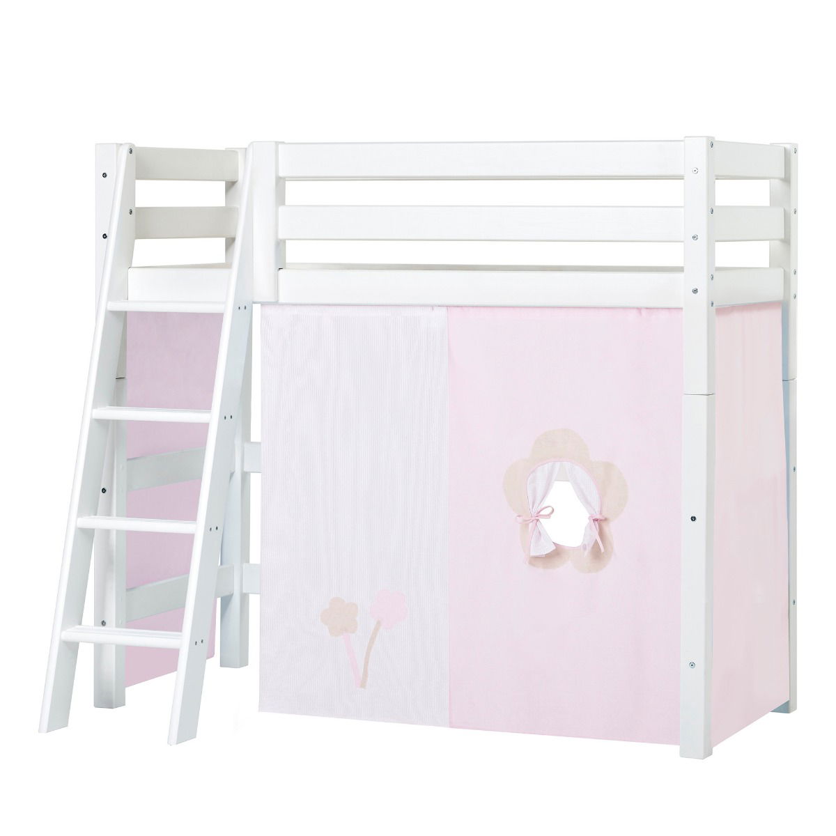 BUNDLE ECO Luxury Mittel-Hochbett 70x160 cm mit schräger Leiter und FAIRYTALE FLOWER-Vorhang