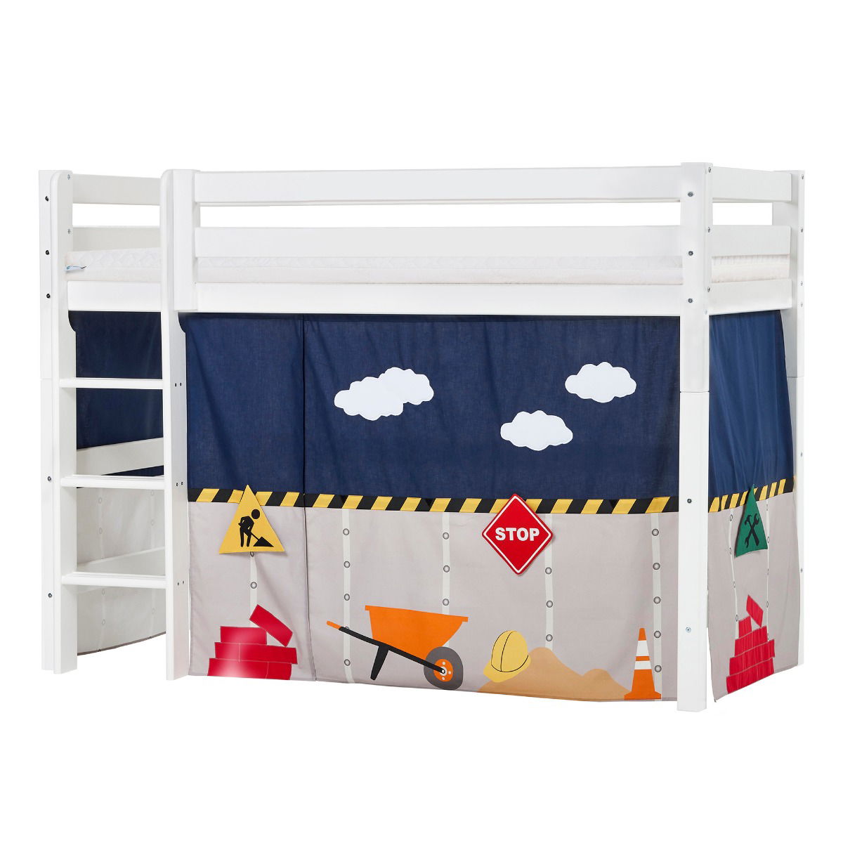 BUNDLE ECO Luxury Mittel-Hochbett 90x200 cm mit CONSTRUCTION-Vorhang und ECO Luxury Matratze