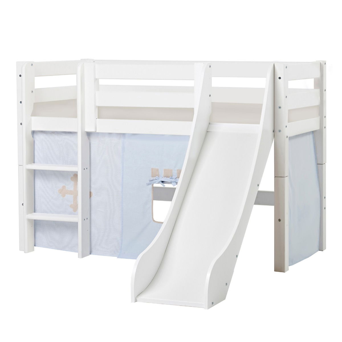 BUNDLE ECO Luxury Halbhochbett 70x160 cm mit Rutsche mit FAIRYTALE KNIGHT-Vorhang und Schaummatratze