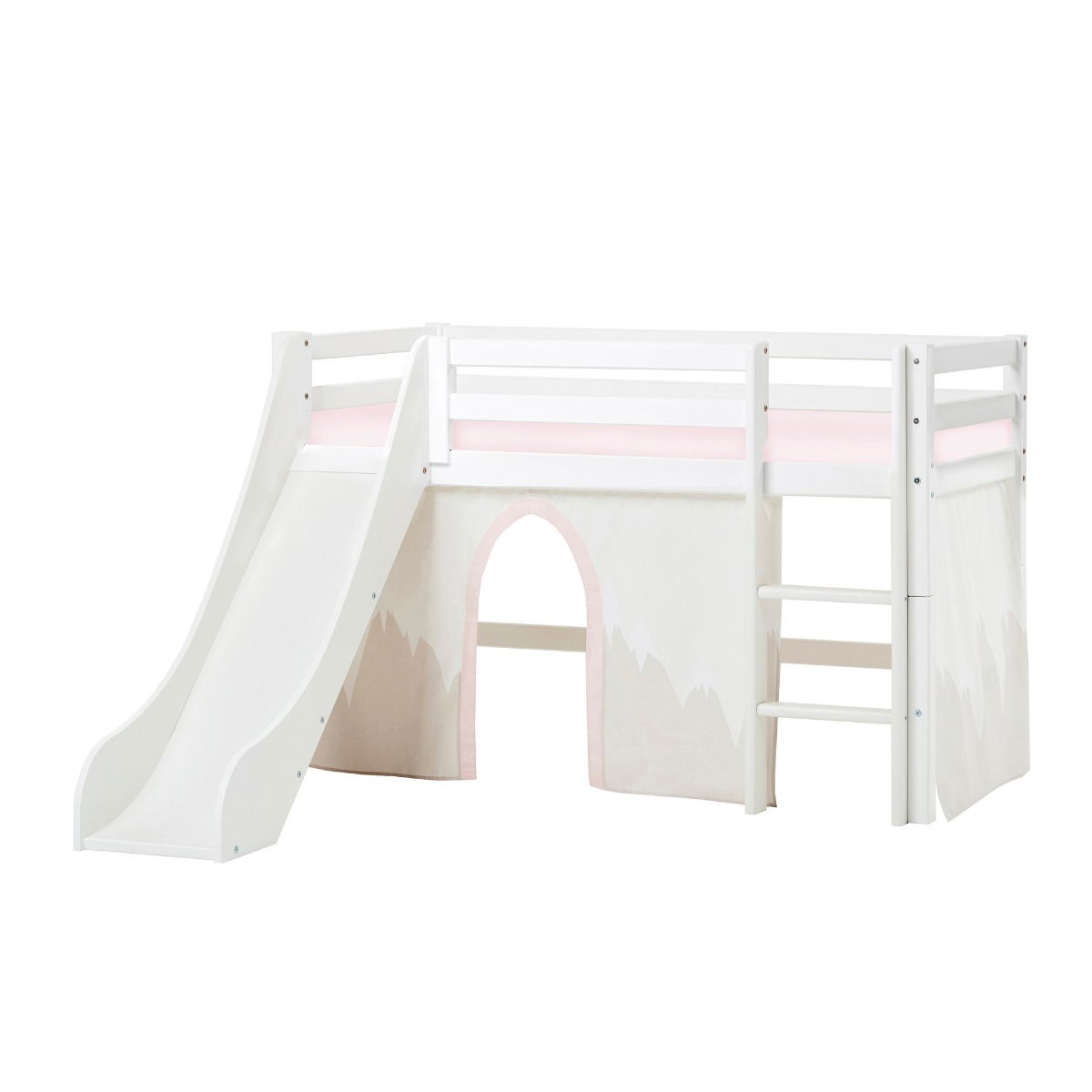 BUNDLE ECO Dream Halbhochbett 70x160 cm mit Rutsche mit WINTER WONDERLAND Vorhang und Kaltschaum-Matratze