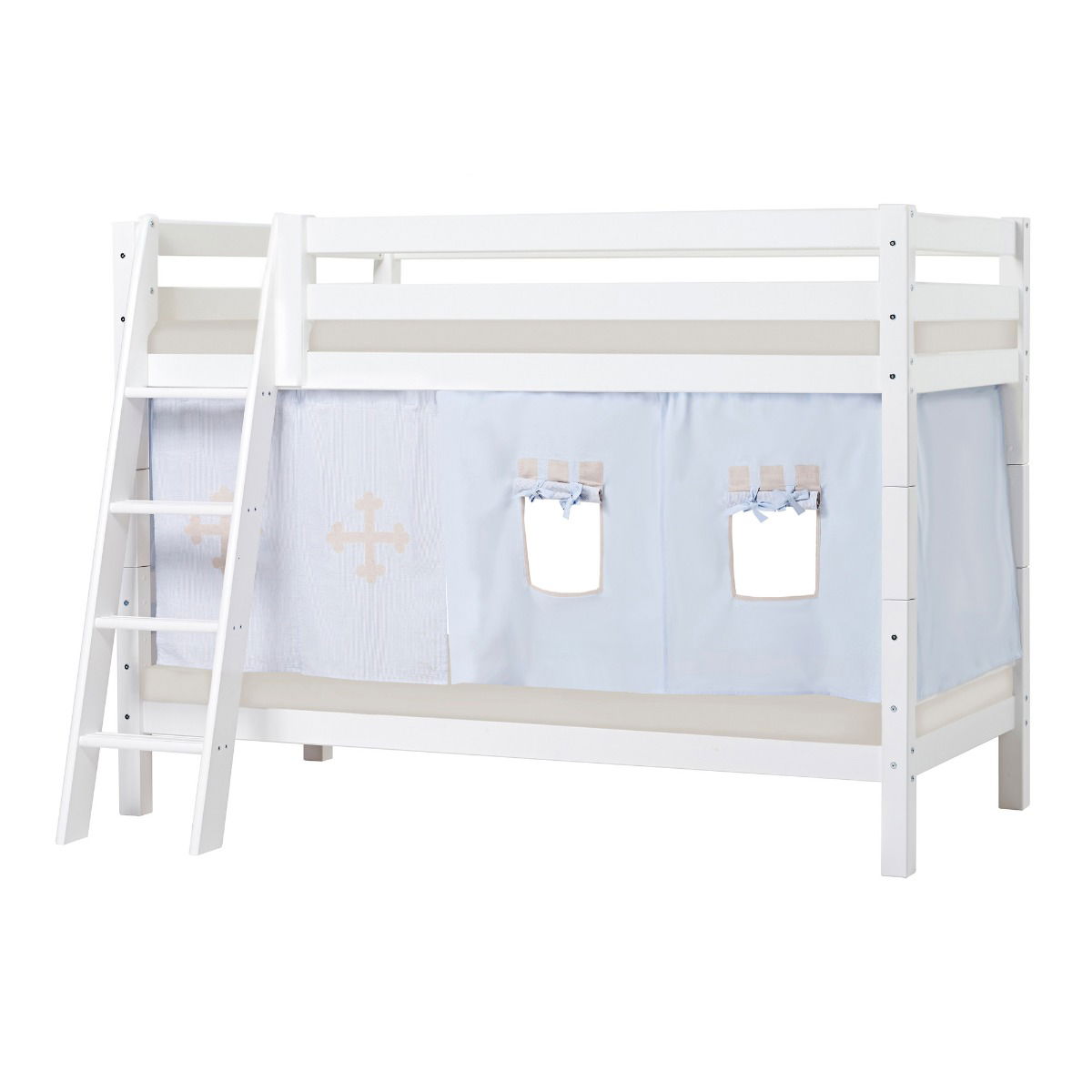 BUNDLE ECO Luxury Etagenbett 90x200 cm mit schräger Leiter mit FAIRYTALE KNIGHT-Vorhang und Schaummatratze