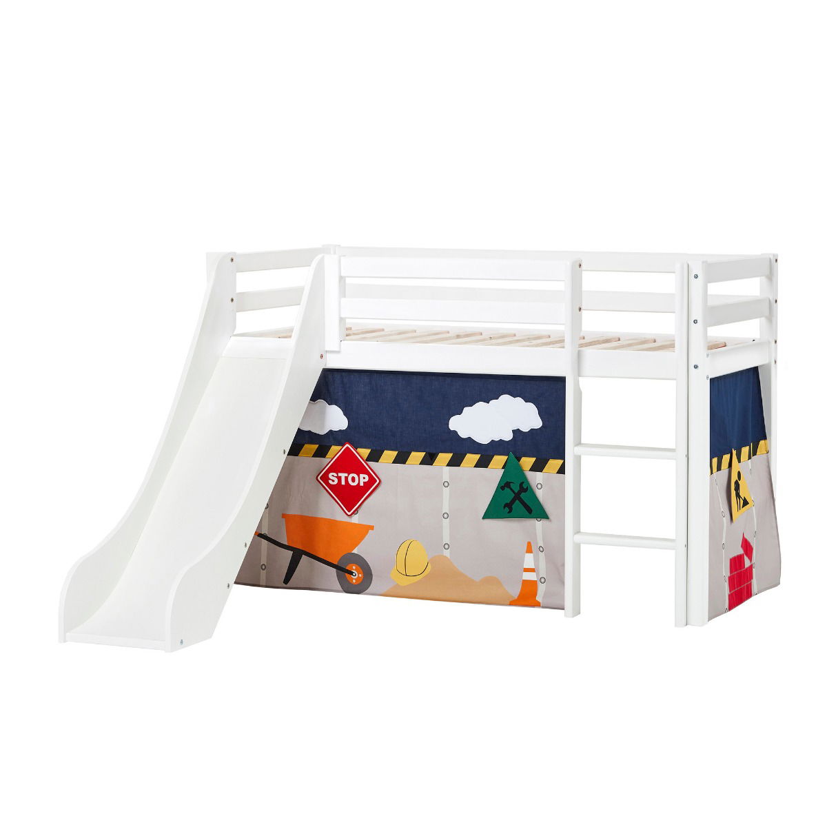 BUNDLE ECO Dream Halbhochbett 70x160 cm (nicht teilbar) mit Rutsche mit CONSTRUCTION Vorhang