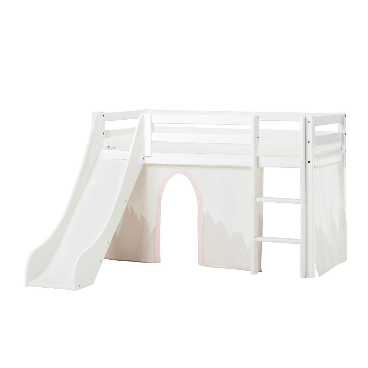 BUNDLE ECO Dream Halbhochbett 70x160 cm (nicht teilbar) mit Rutsche mit WINTER WONDERLAND Vorhang und ECO Dream-Matratze