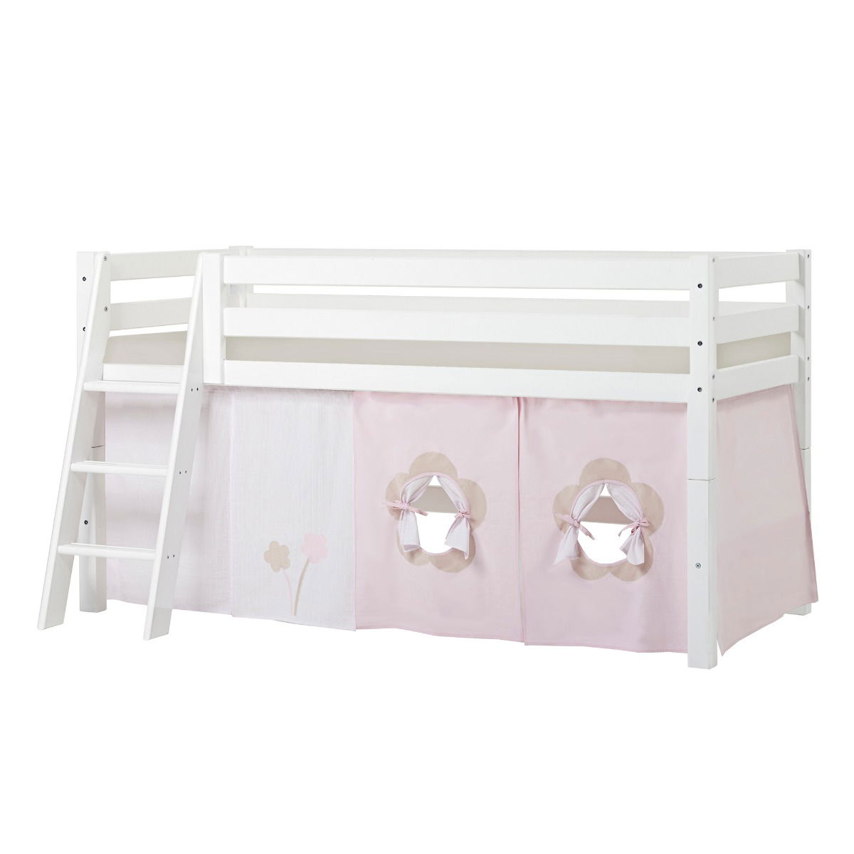 BUNDLE ECO Luxury Halbhochbett 90x200 cm mit schräger Leiter mit FAIRYTALE FLOWER-Vorhang und Schaummatratze