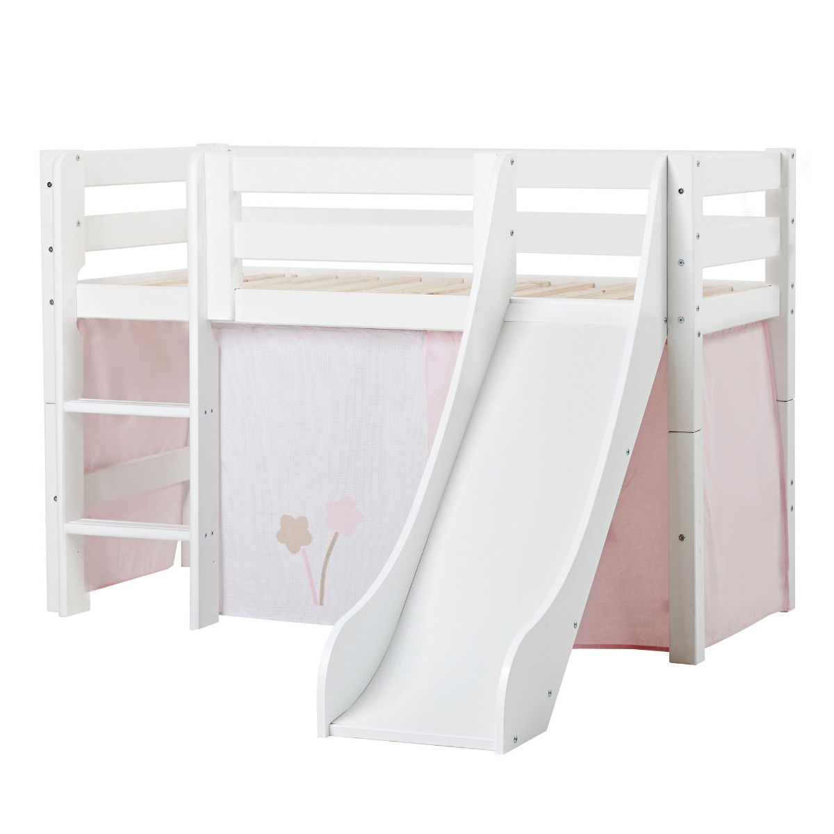 BUNDLE ECO Luxury Halbhochbett 70x160 cm mit Rutsche und mit FAIRYTALE FLOWER-Vorhang
