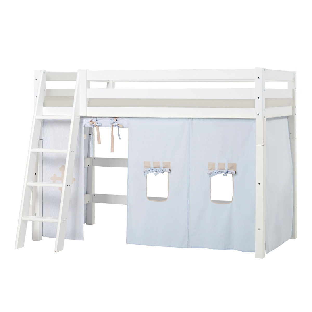 BUNDLE ECO Luxury Mittel-Hochbett 90x200 cm mit schräger Leiter mit FAIRYTALE KNIGHT-Vorhang und Kaltschaum-Matratze