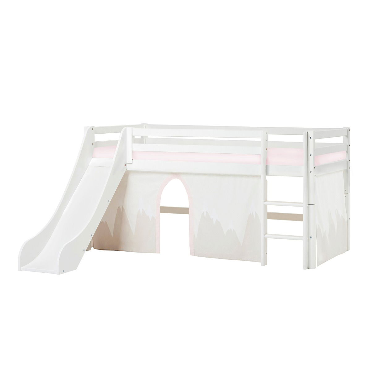 BUNDLE ECO Dream Halbhochbett 90x200 cm mit Rutsche mit WINTER WONDERLAND Vorhang und Schaummatratze