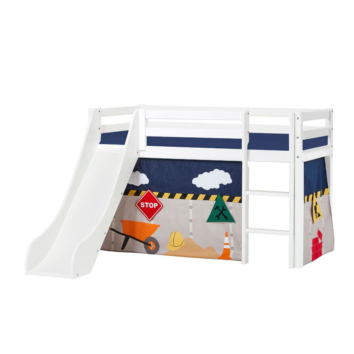 BUNDLE ECO Dream Halbhochbett 70x160 cm (nicht teilbar) mit Rutsche mit CONSTRUCTION Vorhang und Kaltschaum-Matratze