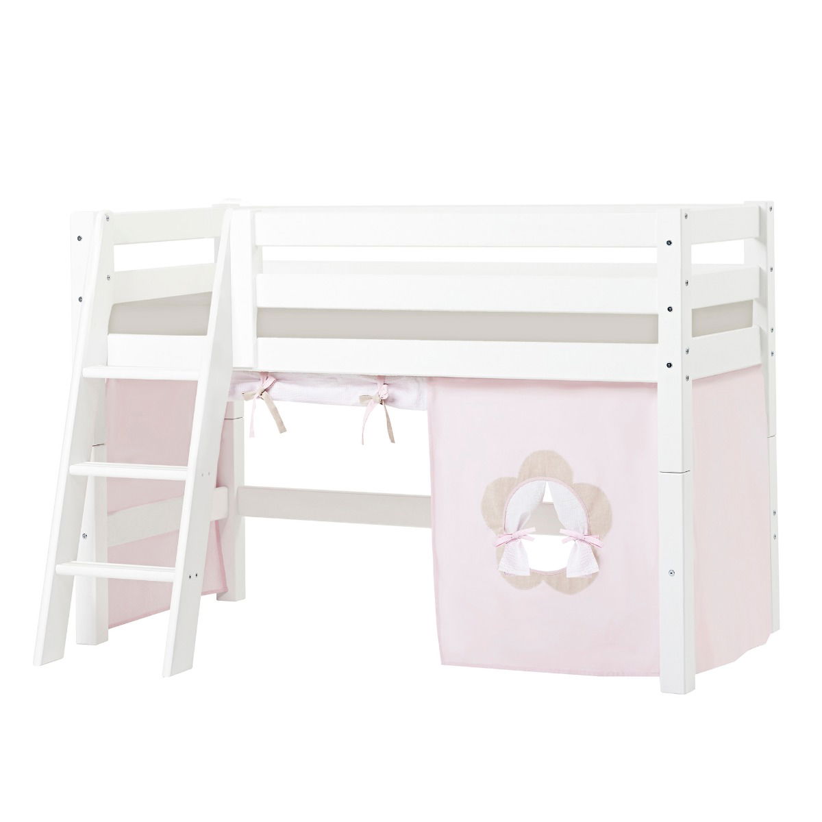 BUNDLE ECO Luxury Halbhochbett 70x160 cm mit schräger Leiter mit FAIRYTALE FLOWER-Vorhang und Kaltschaum-Matratze