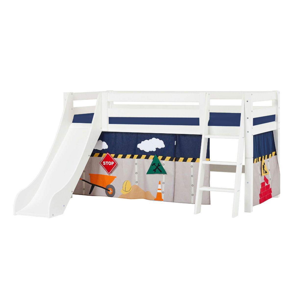 BUNDLE ECO Luxury Halbhochbett 90x200 cm mit schräger Leiter Rutsche mit CONSTRUCTION-Vorhang und Schaummatratze