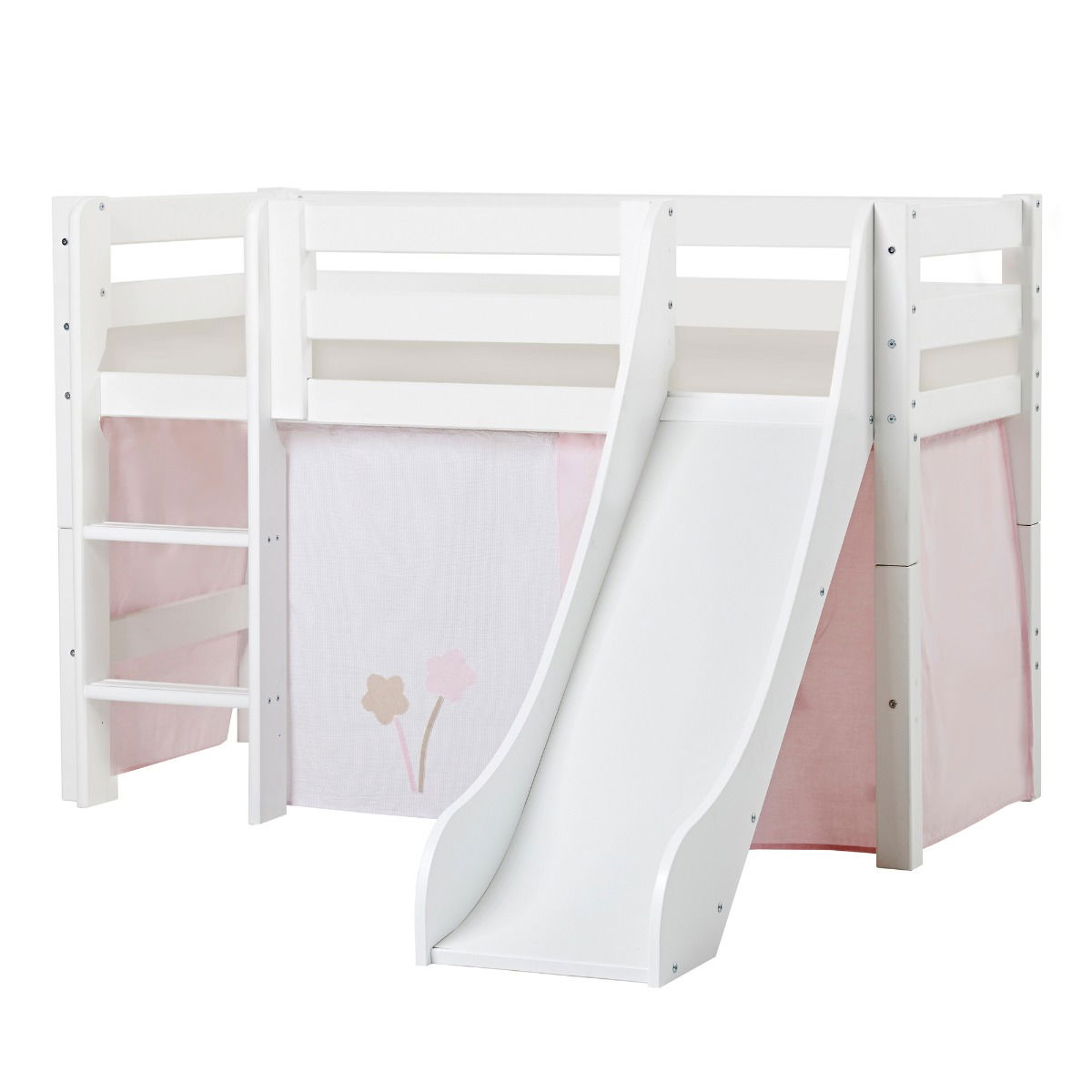 BUNDLE ECO Luxury Halbhochbett 70x160 cm mit Rutsche mit FAIRYTALE FLOWER-Vorhang und Schaummatratze