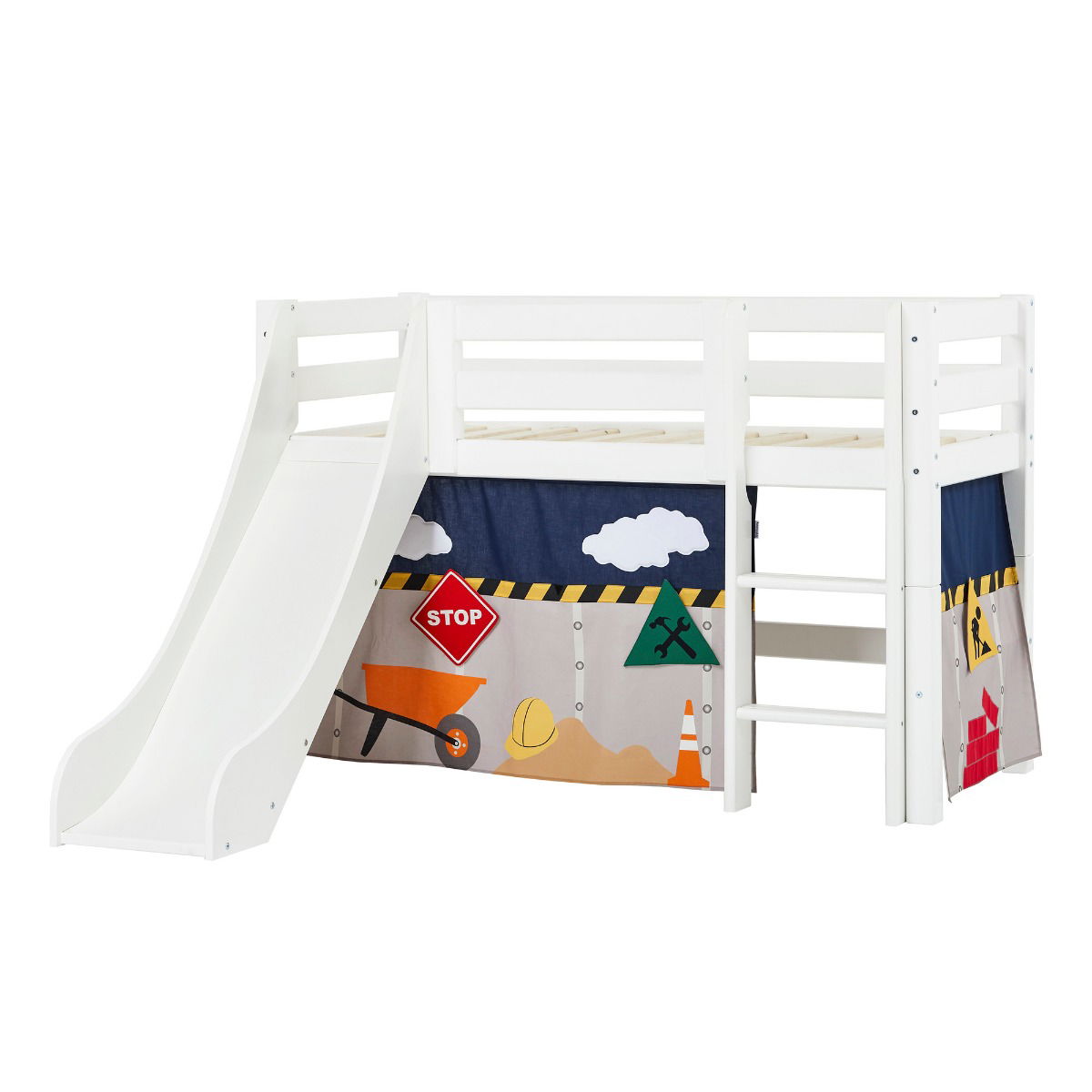 BUNDLE ECO Luxury Halbhochbett 70x160 cm mit Rutsche und mit CONSTRUCTION-Vorhang