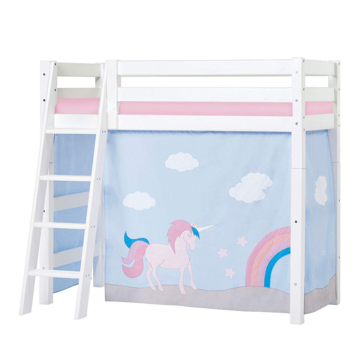 BUNDLE ECO Luxury Mittel-Hochbett 70x160 cm mit schräger Leiter mit UNICORN-Vorhang und Schaummatratze