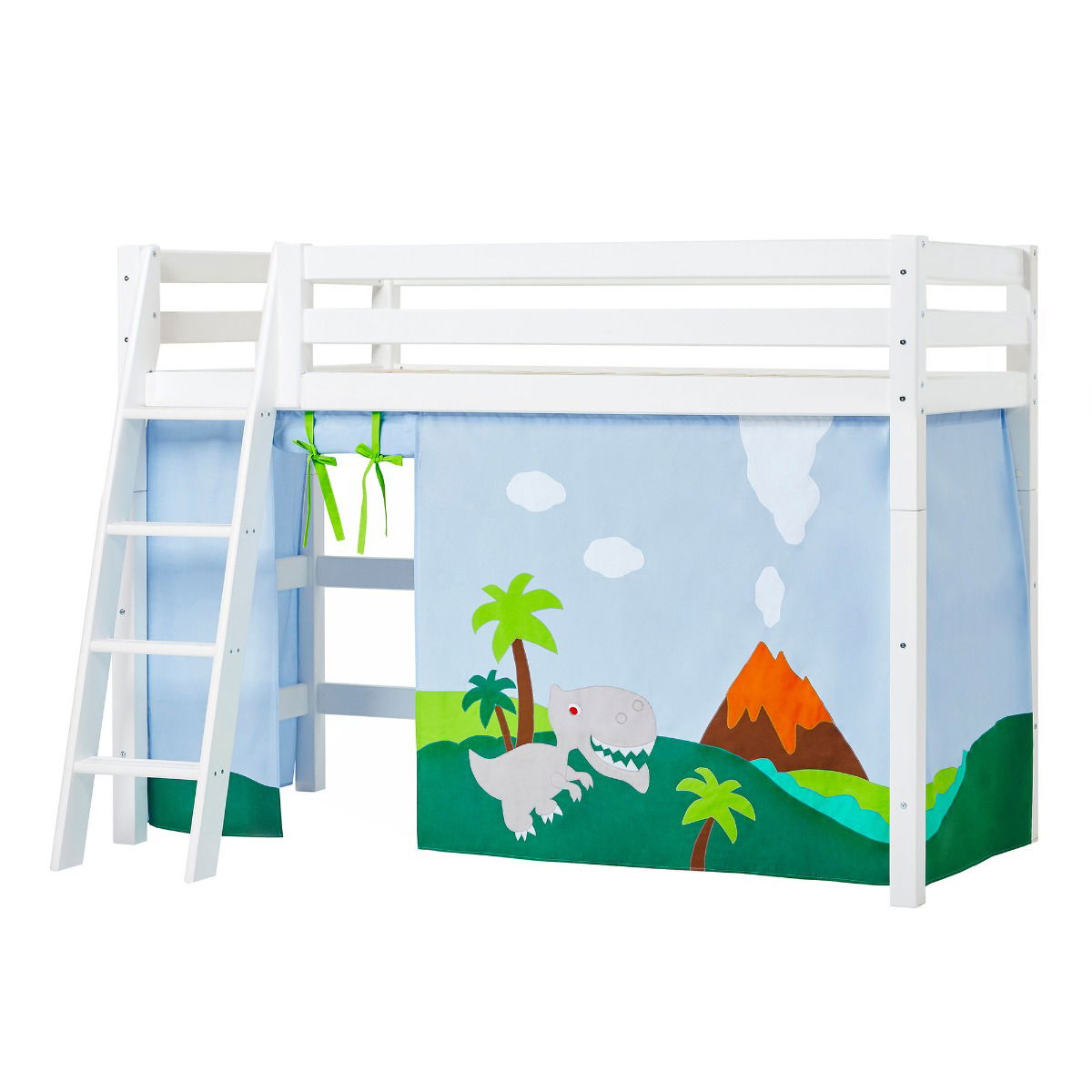 BUNDLE ECO Luxury Mittel-Hochbett 90x200 cm mit schräger Leiter und DINOSAUR-Vorhang