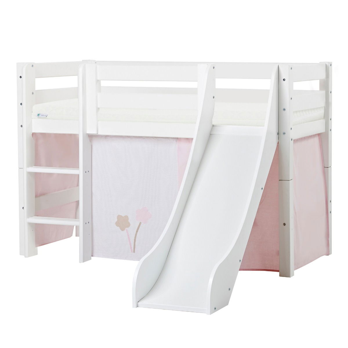 BUNDLE ECO Luxury Halbhochbett 70x160 cm mit Rutsche mit FAIRYTALE FLOWER-Vorhang und ECO Luxury Matratze