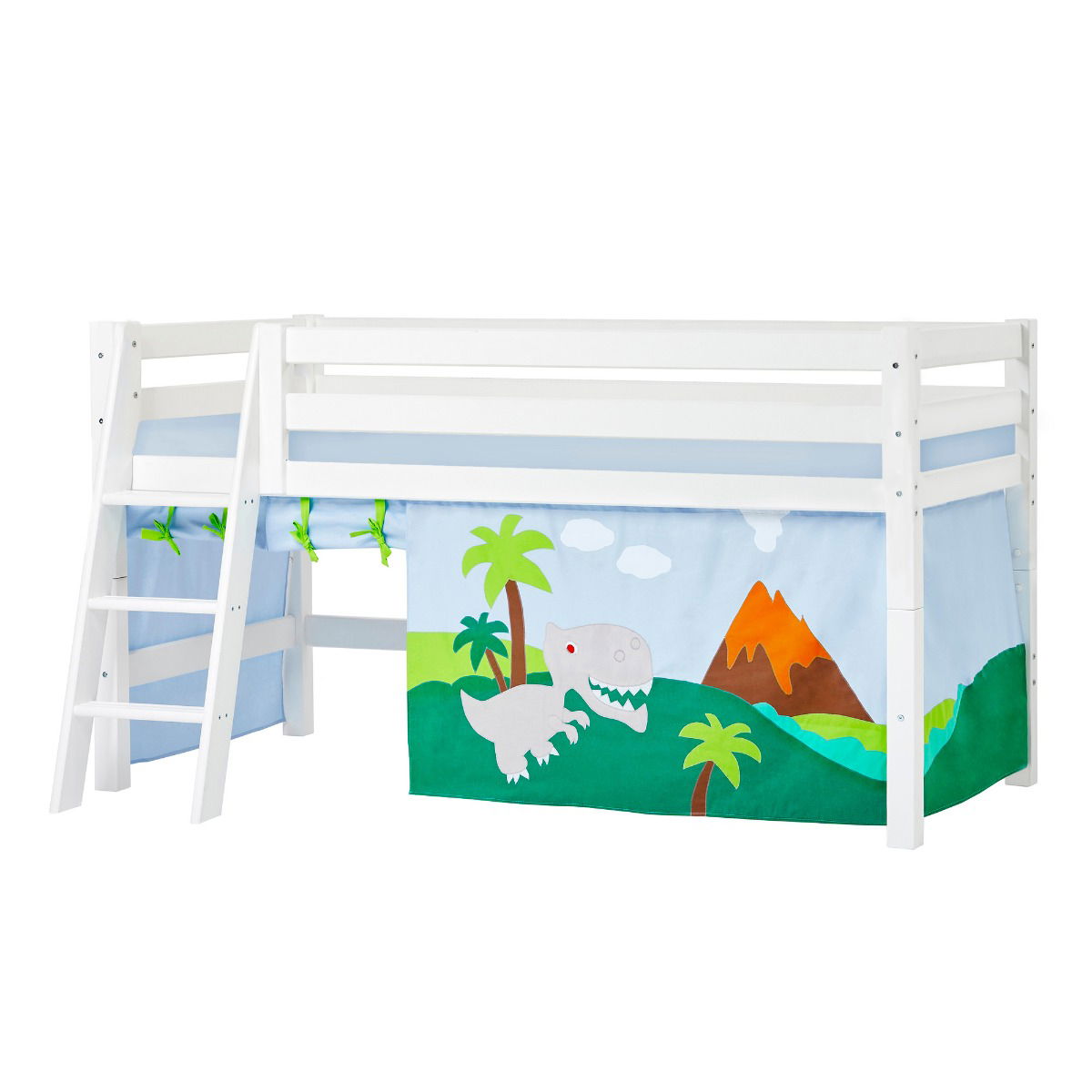BUNDLE ECO Luxury Halbhochbett 90x200 cm mit schräger Leiter mit DINOSAUR-Vorhang und Schaummatratze