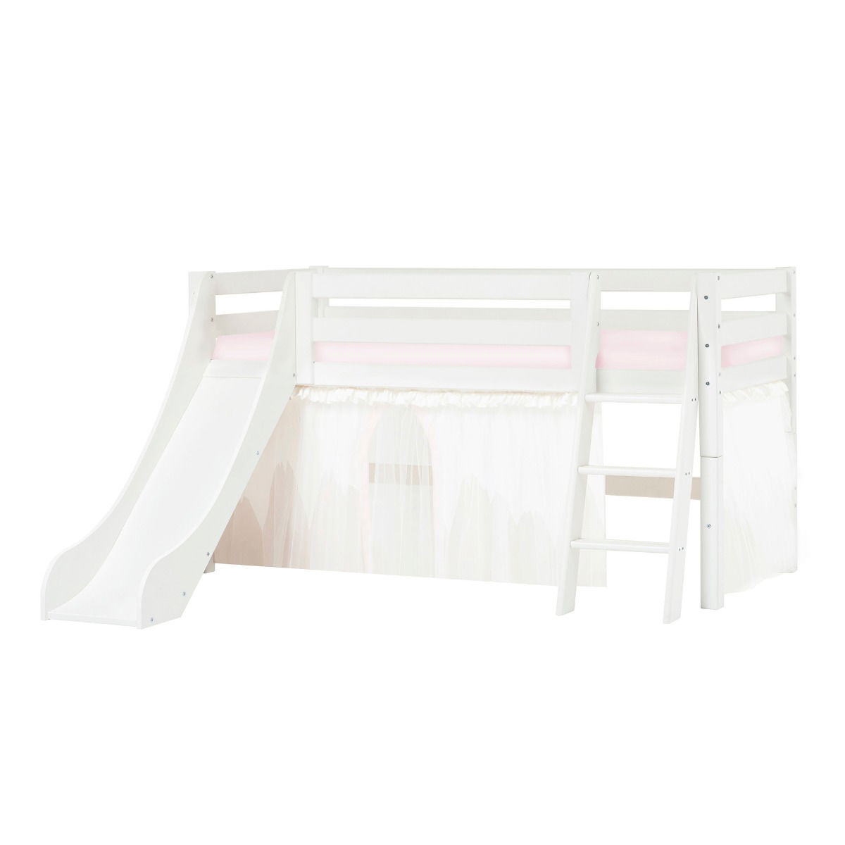 BUNDLE ECO Luxury Halbhochbett 90x200 cm mit schräger Leiter Rutsche mit WINTER WONDERLAND Vorhang und Schaummatratze