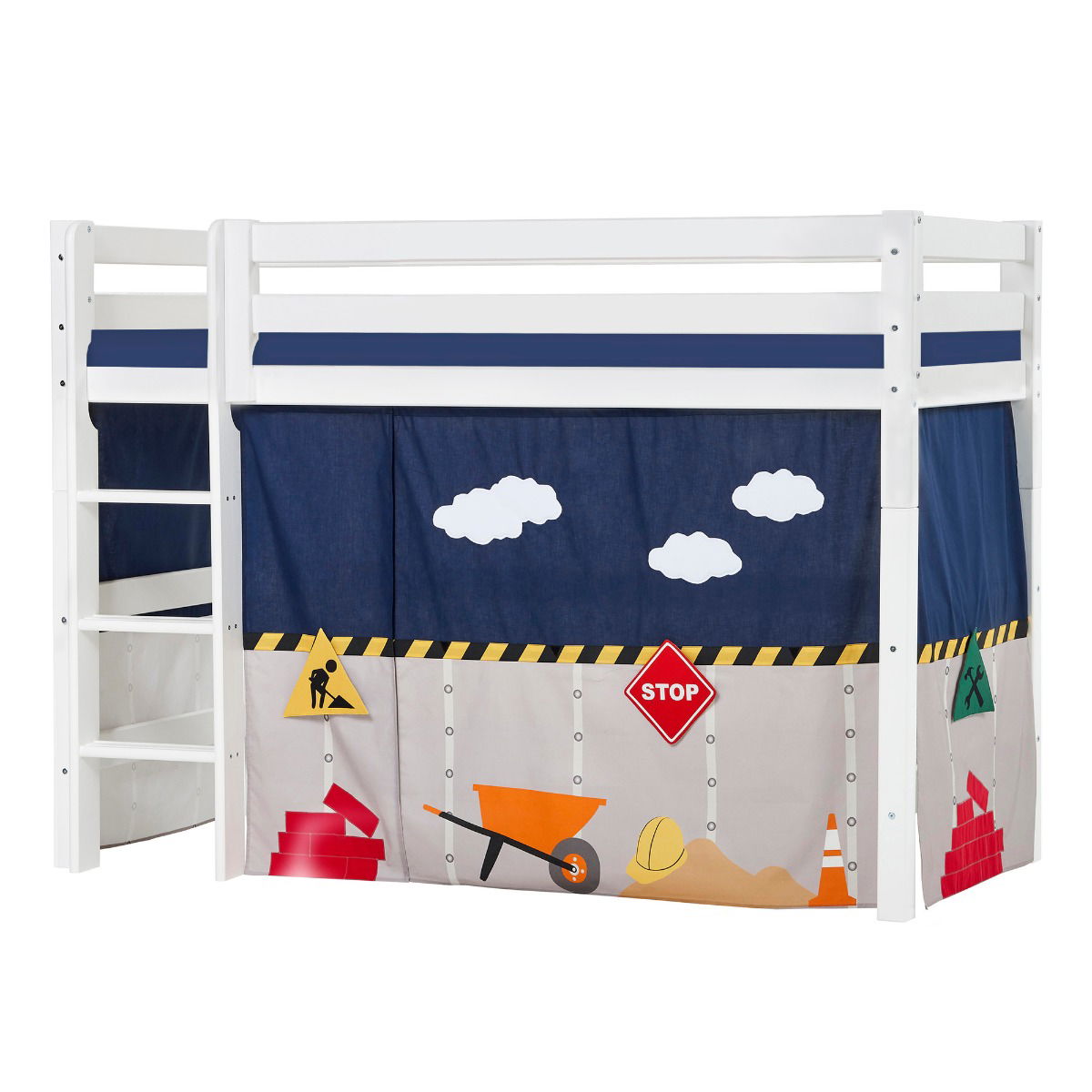 BUNDLE ECO Luxury Mittel-Hochbett 90x200 cm mit CONSTRUCTION-Vorhang und Schaummatratze