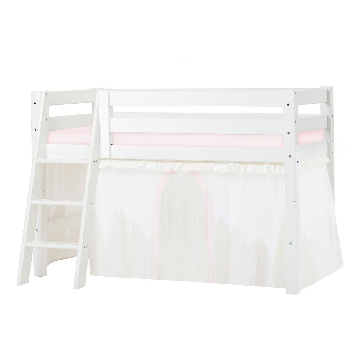 BUNDLE ECO Luxury Halbhochbett 70x160 cm mit schräger Leiter mit WINTER WONDERLAND Vorhang und Kaltschaum-Matratze