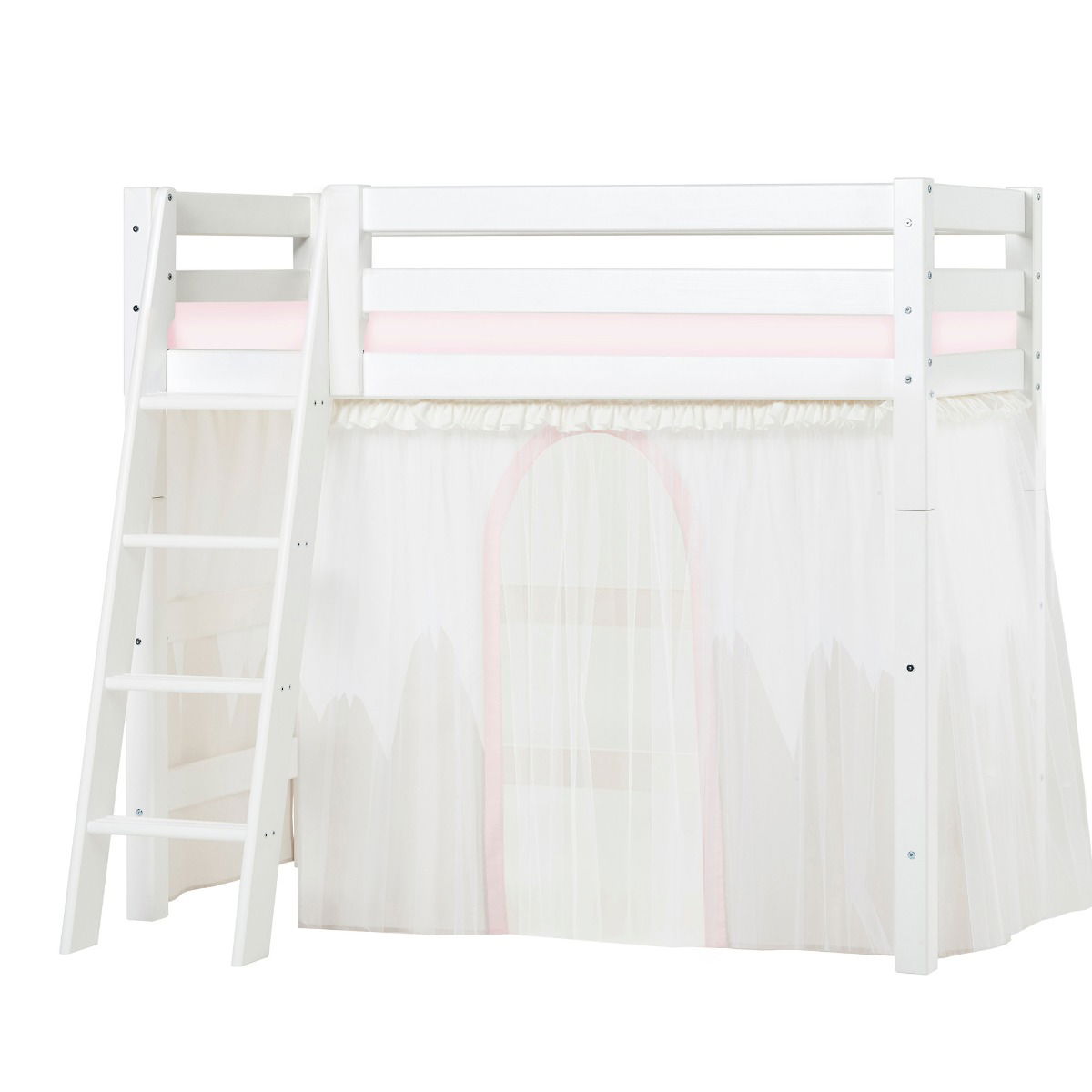 BUNDLE ECO Luxury Mittel-Hochbett 70x160 cm mit schräger Leiter mit WINTER WONDERLAND Vorhang und Schaummatratze