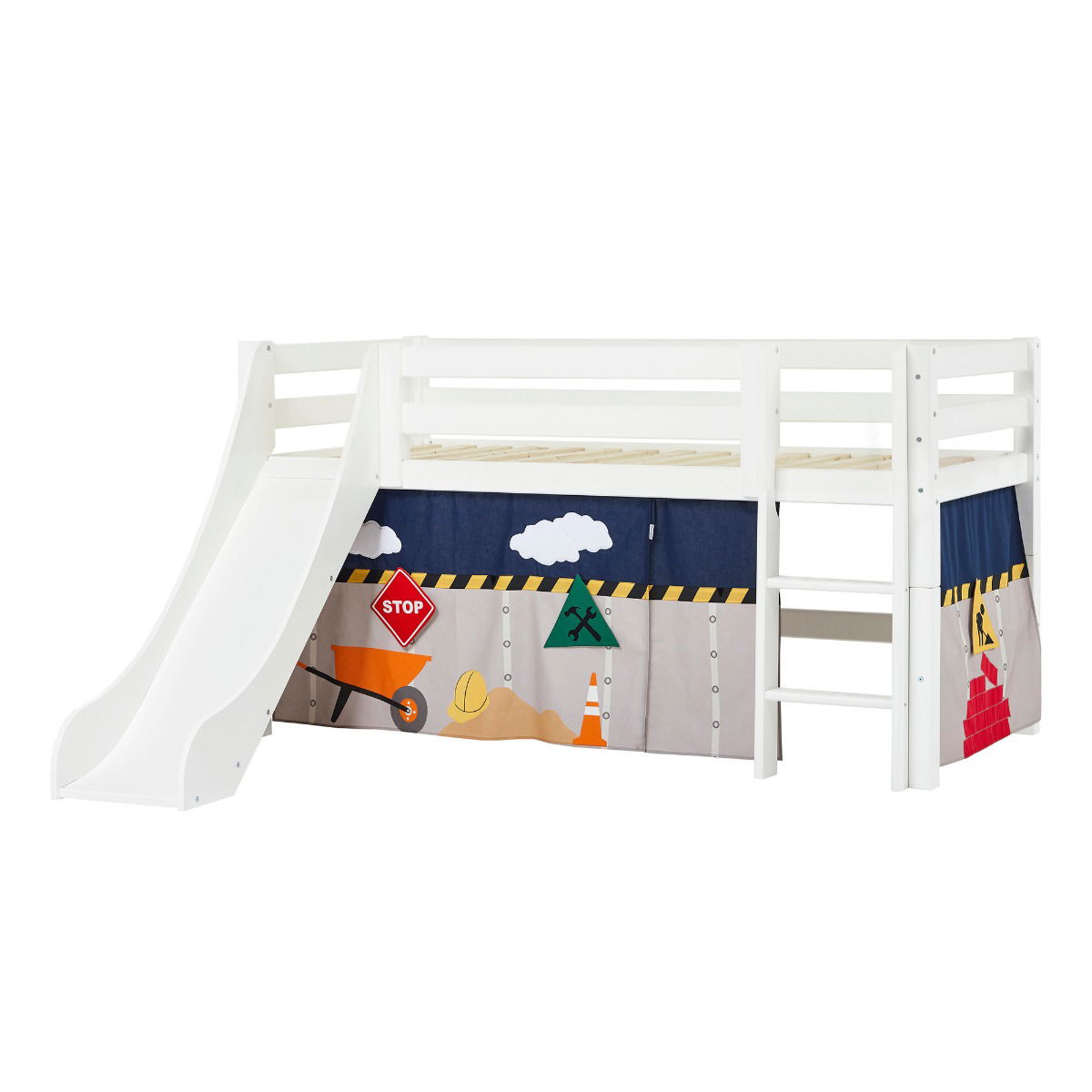 BUNDLE ECO Luxury Halbhochbett 90x200 cm mit Rutsche und mit CONSTRUCTION-Vorhang