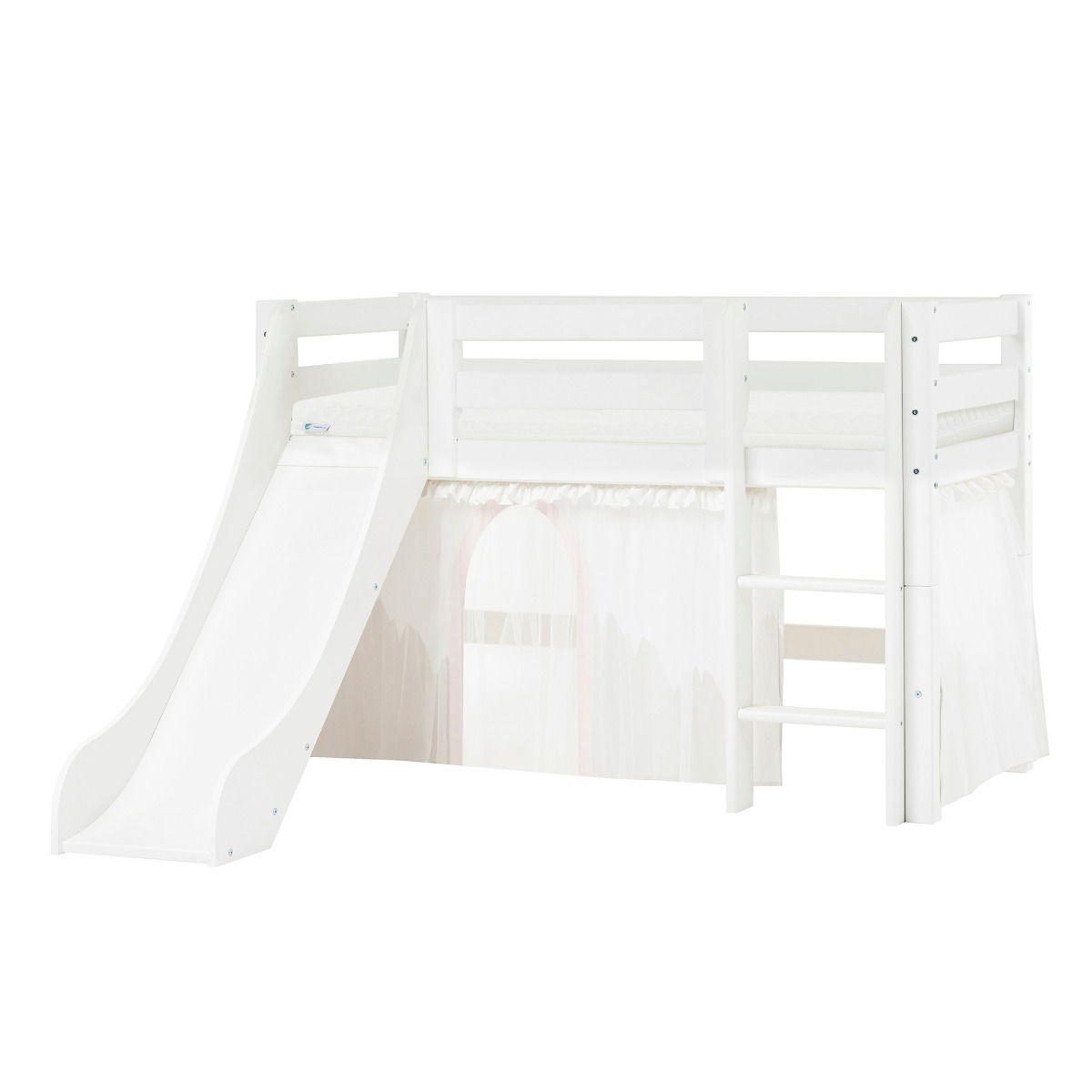 BUNDLE ECO Luxury Halbhochbett 70x160 cm mit Rutsche mit WINTER WONDERLAND Vorhang und ECO Luxury Matratze