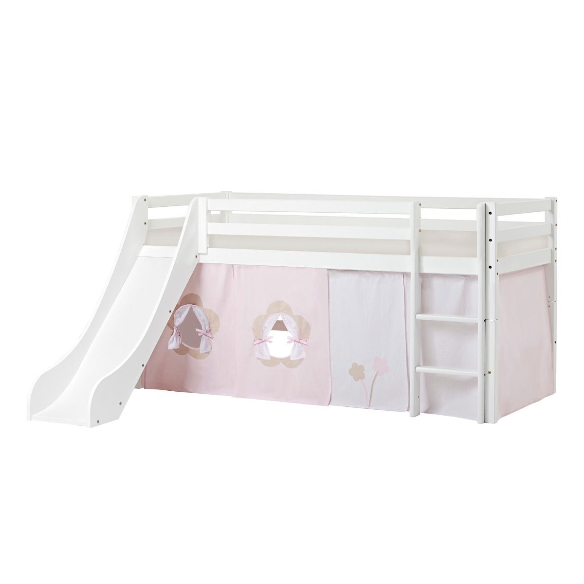 BUNDLE ECO Dream Halbhochbett 90x200 cm mit Rutsche mit FAIRYTALE FLOWER Vorhang und Kaltschaum-Matratze