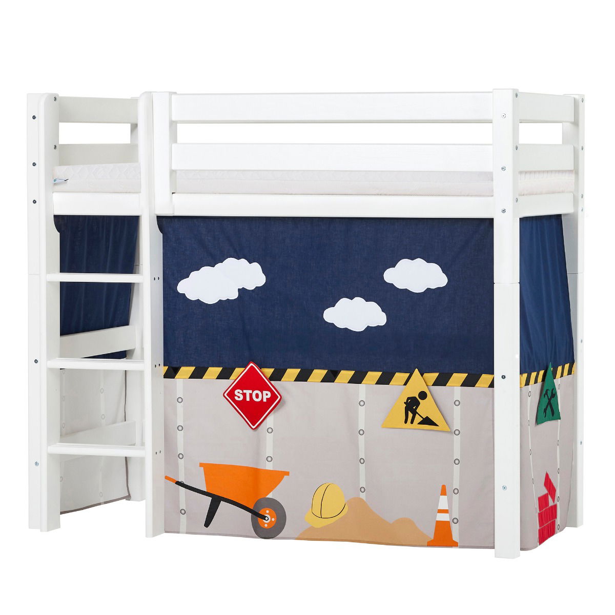 BUNDLE ECO Luxury Mittel-Hochbett 70x160 cm mit CONSTRUCTION-Vorhang und ECO Luxury Matratze