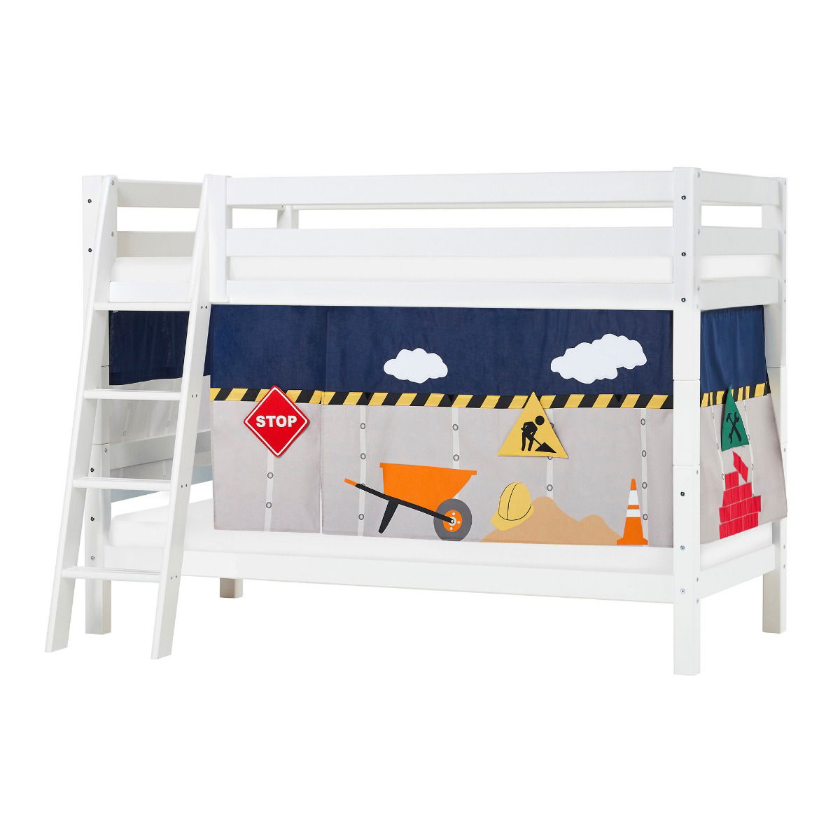 BUNDLE ECO Luxury Etagenbett 90x200 cm mit schräger Leiter mit CONSTRUCTION-Vorhang und ECO Luxury Matratze