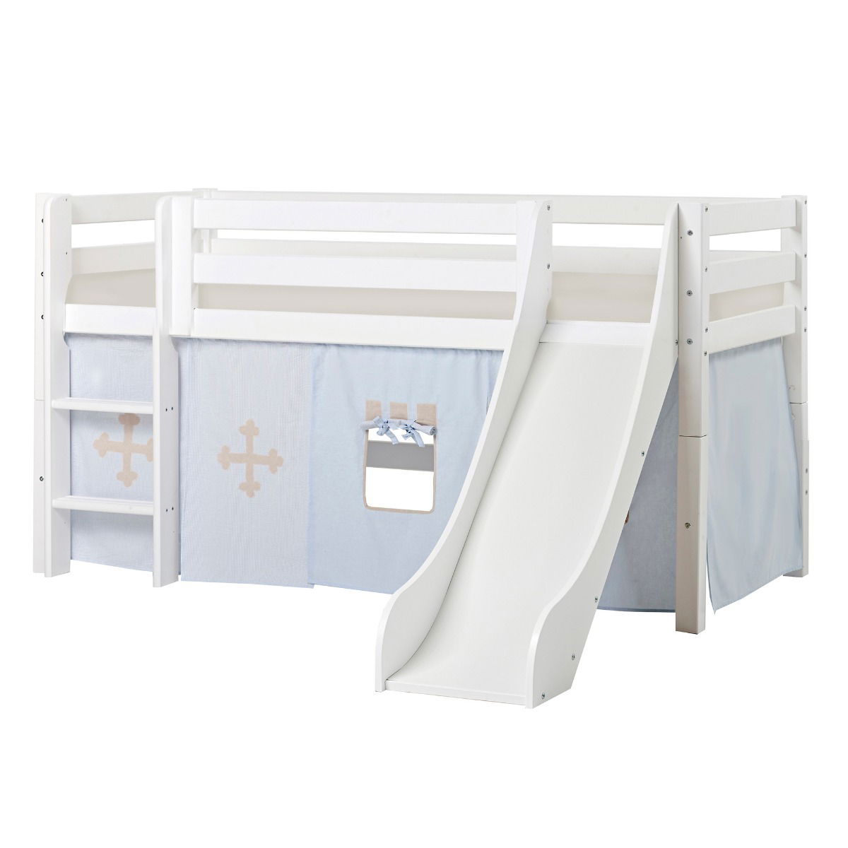 BUNDLE ECO Luxury Halbhochbett 90x200 cm mit Rutsche mit FAIRYTALE KNIGHT-Vorhang und Schaummatratze