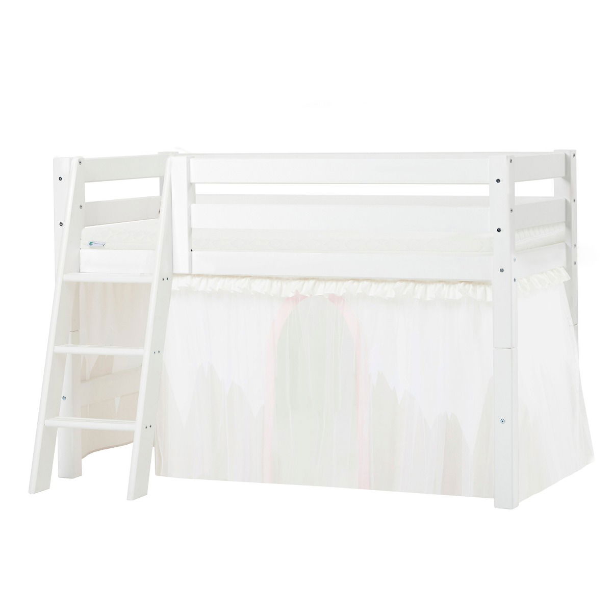 BUNDLE ECO Luxury Halbhochbett 70x160 cm mit schräger Leiter mit WINTER WONDERLAND Vorhang und ECO Luxury Matratze