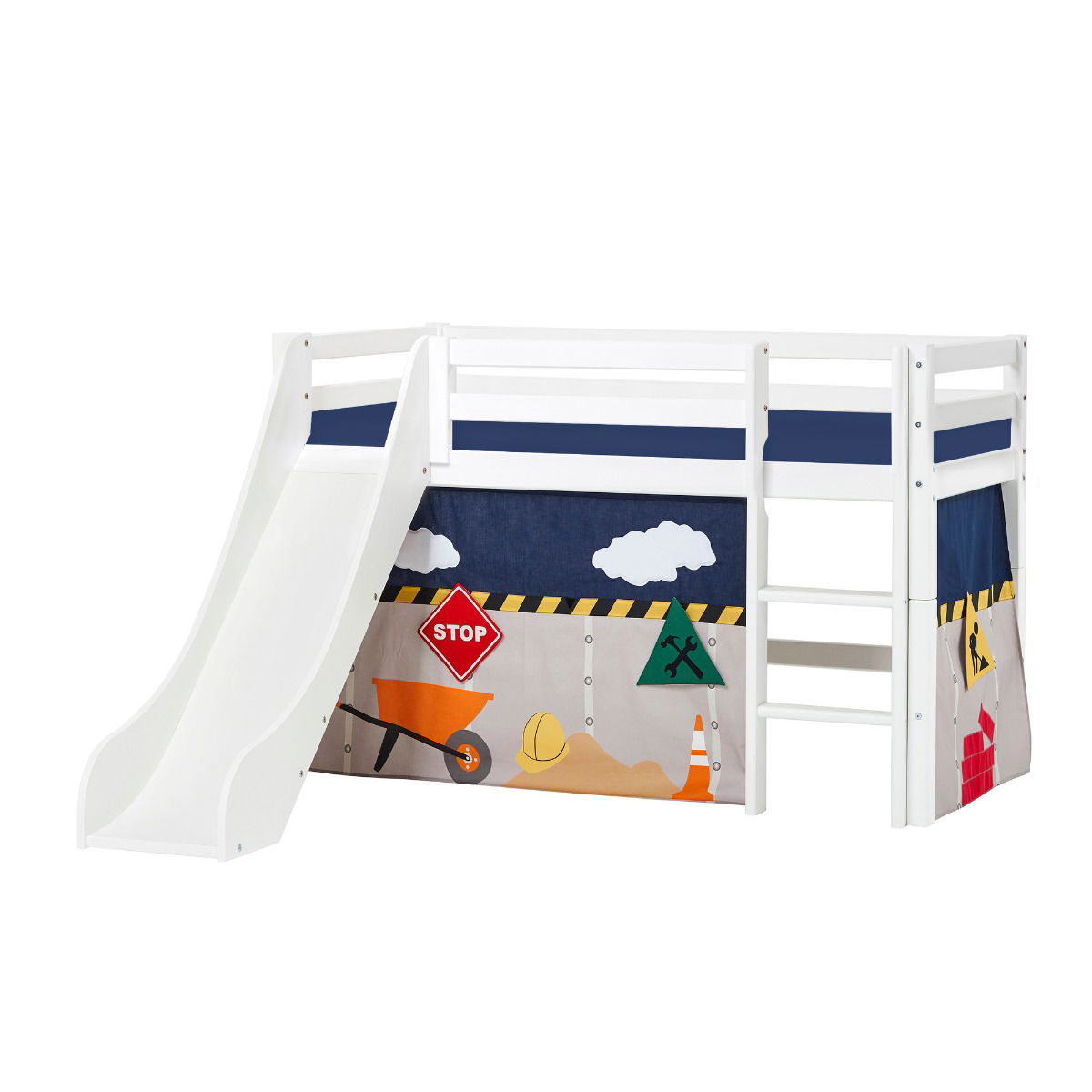 BUNDLE ECO Dream Halbhochbett 70x160 cm mit Rutsche mit CONSTRUCTION Vorhang und Kaltschaum-Matratze