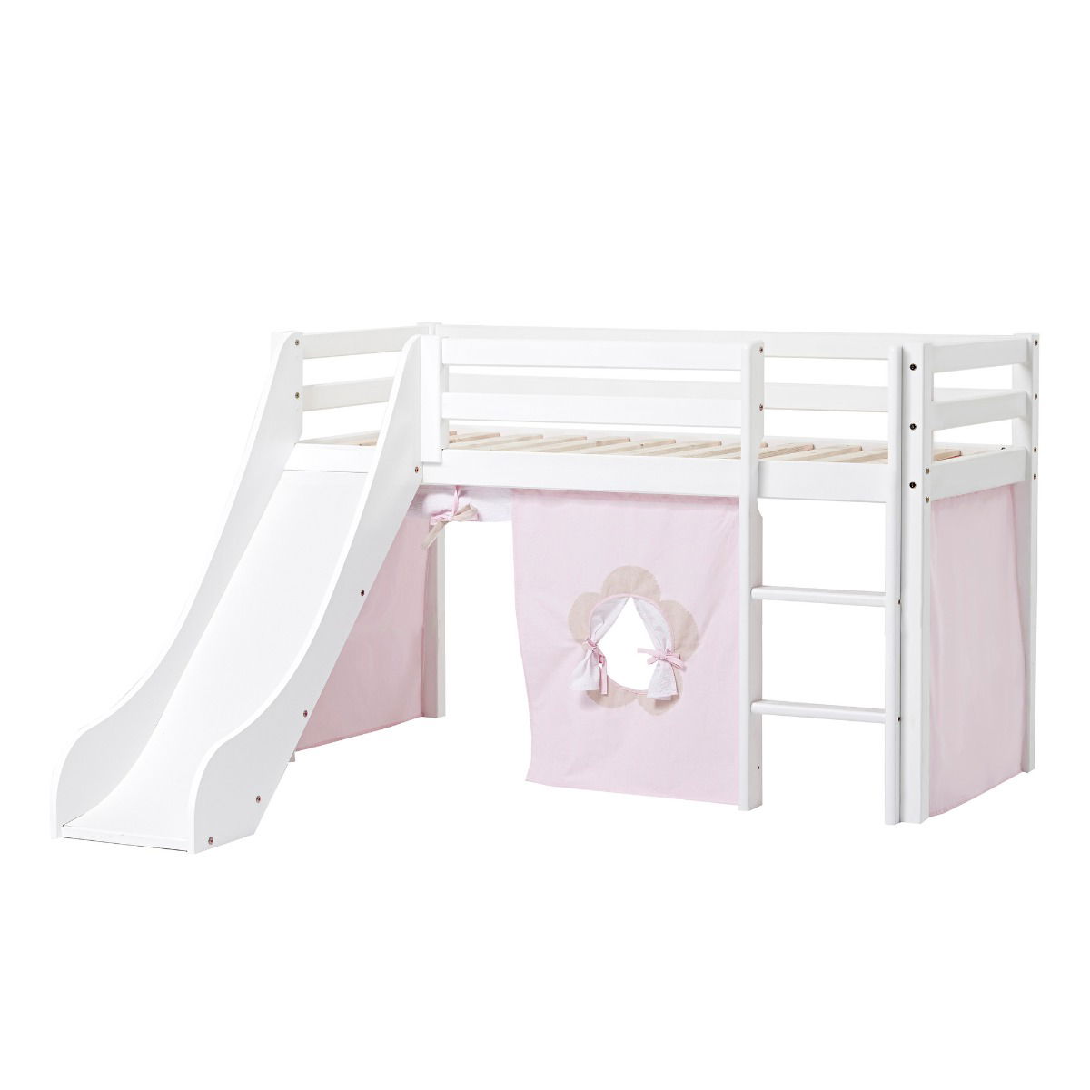 BUNDLE ECO Dream Halbhochbett 70x160 cm (nicht teilbar) mit Rutsche mit FAIRYTALE FLOWER Vorhang