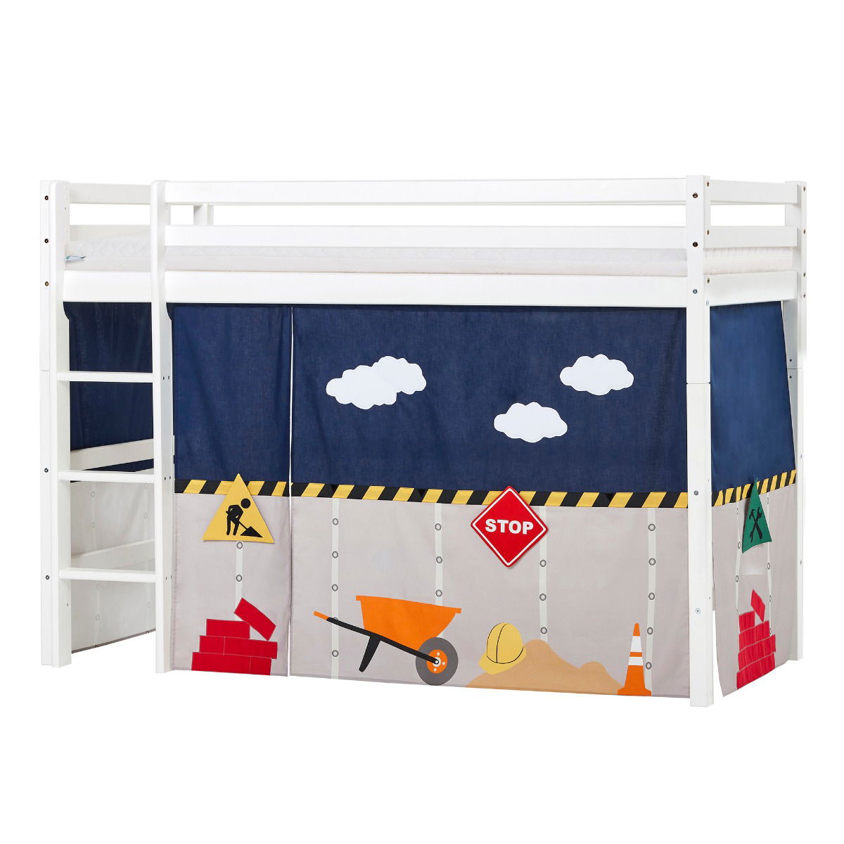 BUNDLE ECO Dream Mittel-hochbett 90x200 cm mit CONSTRUCTION Vorhang und ECO Dream-Matratze