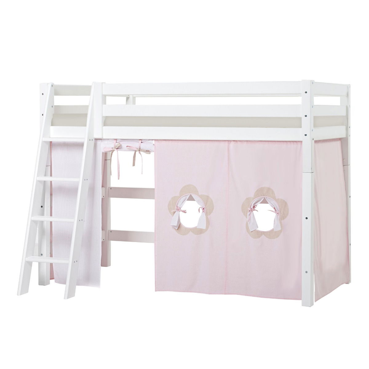 BUNDLE ECO Luxury Mittel-Hochbett 90x200 cm mit schräger Leiter mit FAIRYTALE FLOWER-Vorhang und Kaltschaum-Matratze