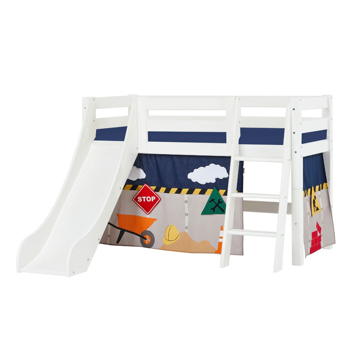 BUNDLE ECO Luxury Halbhochbett 70x160 cm mit schräger Leiter Rutsche mit CONSTRUCTION-Vorhang und Schaummatratze