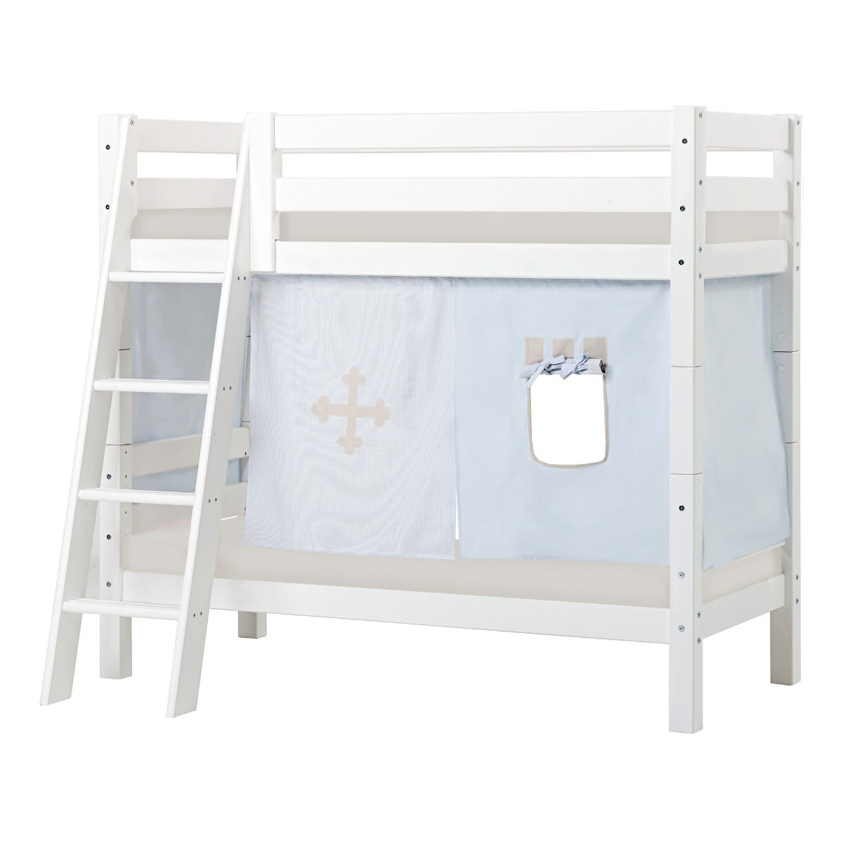 BUNDLE ECO Luxury Etagenbett 70x160 cm mit schräger Leiter mit FAIRYTALE KNIGHT-Vorhang und Kaltschaum-Matratze