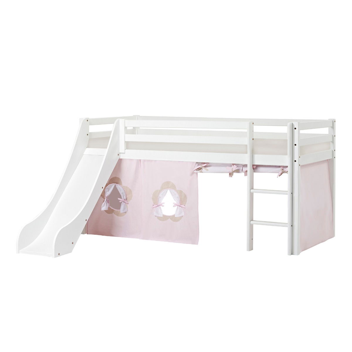 BUNDLE ECO Dream Halbhochbett 90x200 cm (nicht teilbar) mit Rutsche mit FAIRYTALE FLOWER Vorhang und Schaummatratze