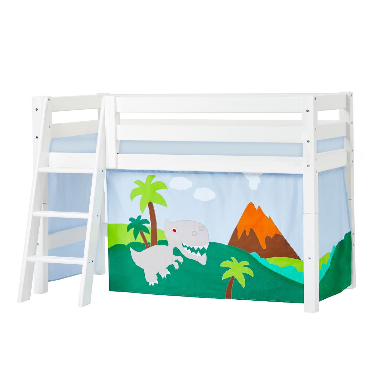 BUNDLE ECO Luxury Halbhochbett 70x160 cm mit schräger Leiter mit DINOSAUR-Vorhang und Kaltschaum-Matratze