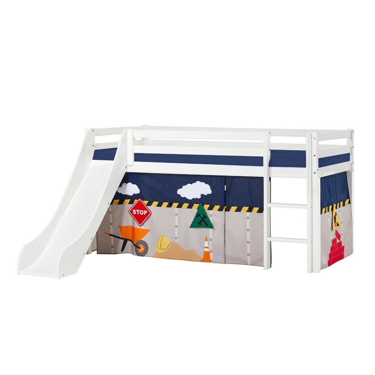 BUNDLE ECO Dream Halbhochbett 90x200 cm (nicht teilbar) mit Rutsche mit CONSTRUCTION Vorhang und Schaummatratze