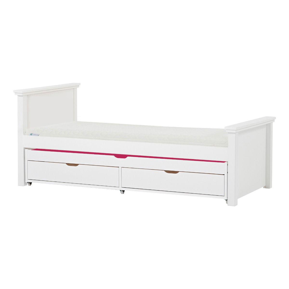 Hoppekids Maja Deluxe Bett 90x200 cm mit hohem und mittelhohem Giebel Eco Luxury-Matratze und Auszieh-/Gästebett 90x190 cm - Matratzenbezugsfarbe: Pink