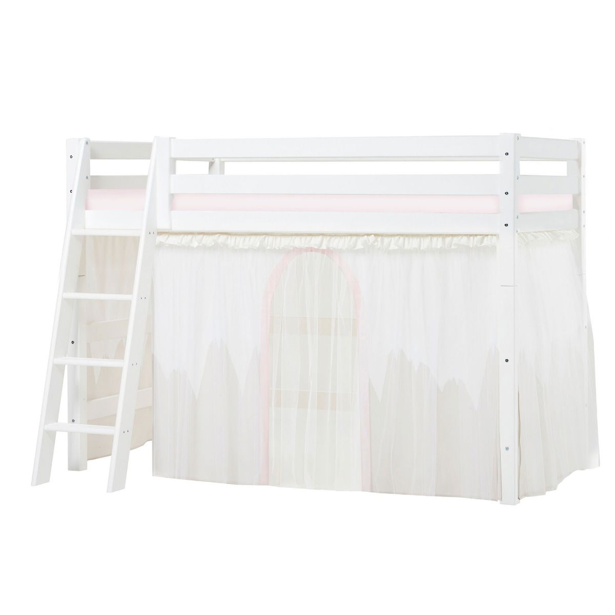 BUNDLE ECO Luxury Mittel-Hochbett 90x200 cm mit schräger Leiter mit WINTER WONDERLAND Vorhang und Schaummatratze