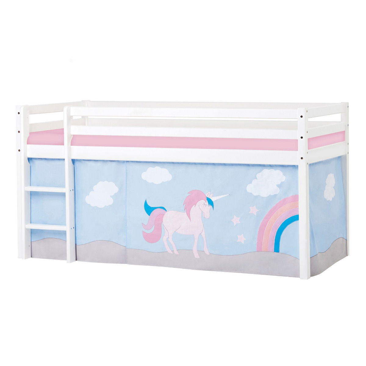 BUNDLE ECO Dream Halbhochbett 90x200 cm (nicht teilbar) mit UNICORN Vorhang und Schaummatratze
