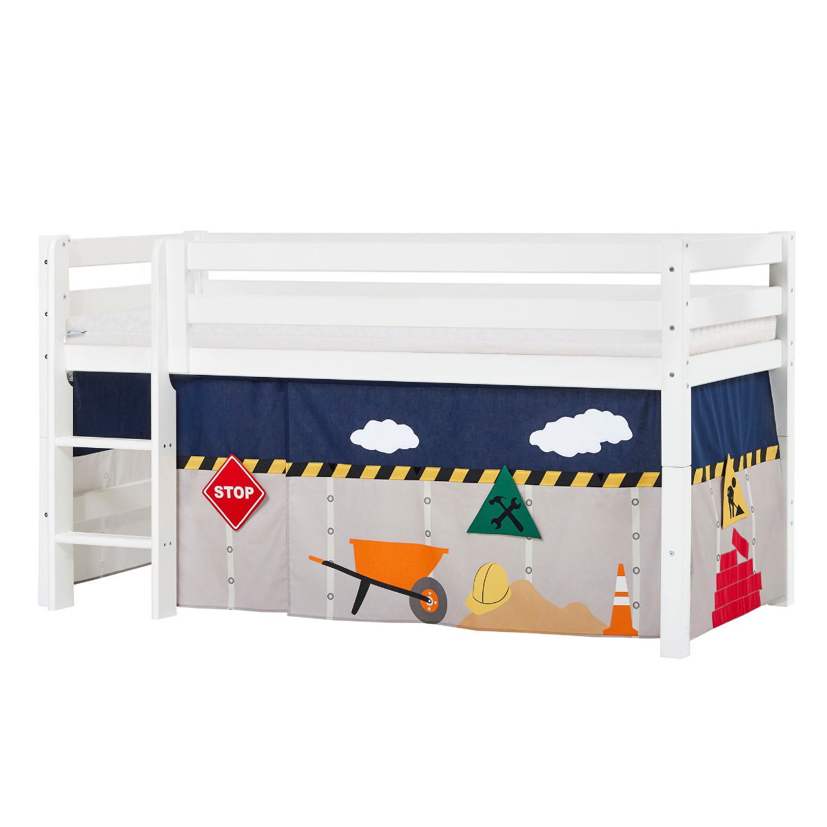 BUNDLE ECO Luxury Halbhochbett 90x200 cm mit CONSTRUCTION-Vorhang und ECO Luxury Matratze