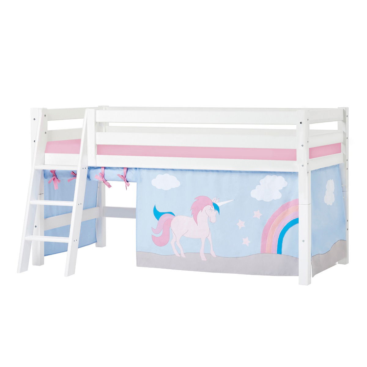 BUNDLE ECO Luxury Halbhochbett 90x200 cm mit schräger Leiter mit UNICORN-Vorhang und Schaummatratze